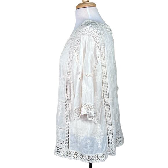 Democracy Women’s Ivory Gauzy Cotton Crochet Trim 3/4 Sleeve Boho Top Medium EUC - Picture 7 of 13